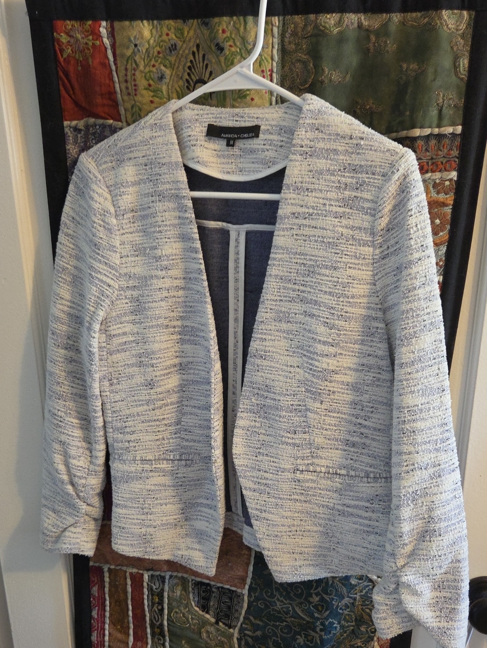 Amanda & Chelsea Light Blue and White Textured Open-Front Blazer
